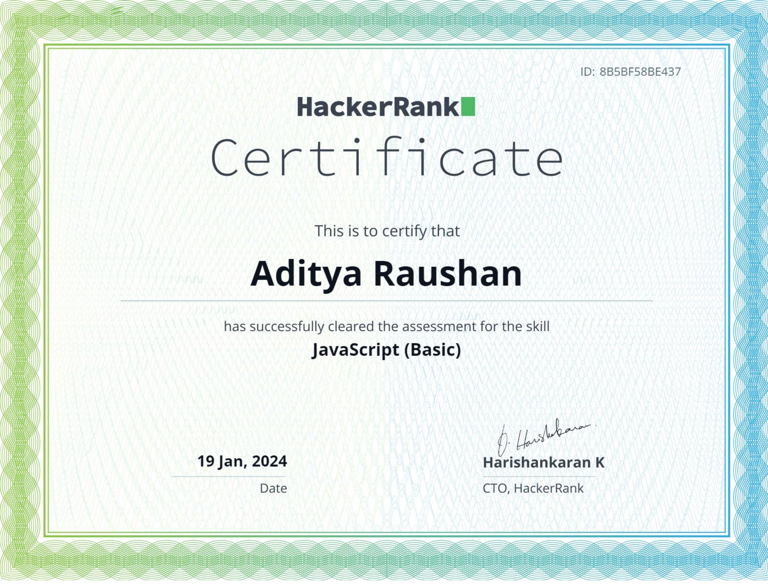 Javascript basic HackerRank certificate